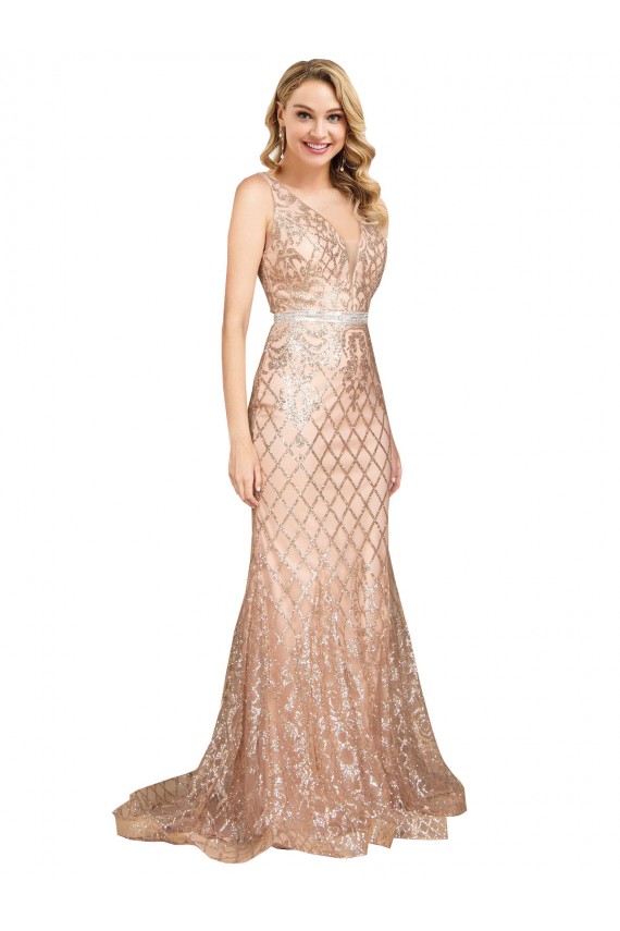 Long Sleeveless Sparkling Sequin Rose Gold Mermaid Plus Size Formal Evening Dress