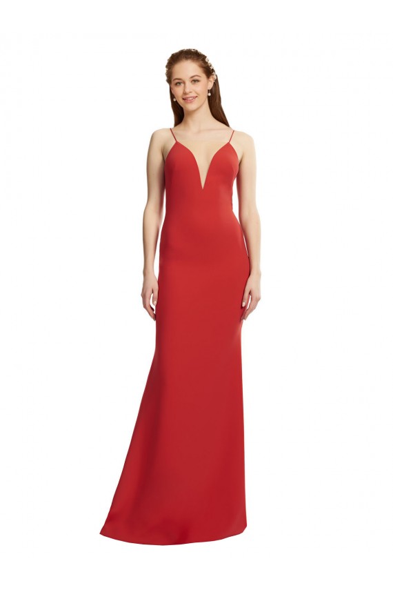 Long Sleeveless Stretch Crepe Red Spaghetti Straps Mermaid Formal Evening Dress