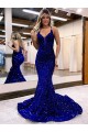 Court Train Sleeveless Velvet Sequin Royal Blue Mermaid Evening Gown