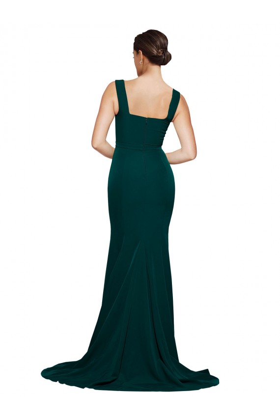 Sweep Train Sleeveless Stretch Crepe Midnight Green Sheath Semi Formal Evening Dress