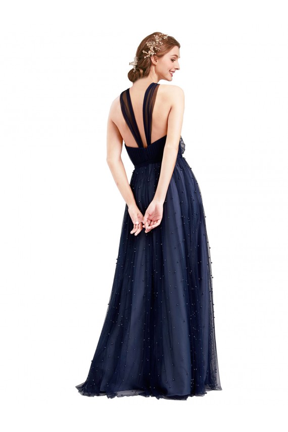 Long Sleeveless Tulle Navy Blue A-Line Evening Dress
