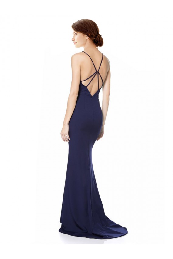 Long Sleeveless Stretch Crepe Navy Blue Mermaid Formal Evening Dress