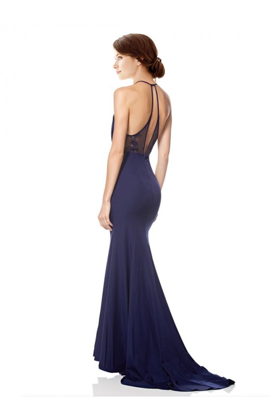 Long Sleeveless Stretch Crepe Navy Blue Mermaid Evening Dress