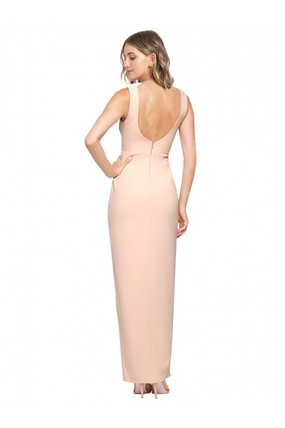 Long Sleeveless Stretch Crepe Nude Square Neck Sheath Formal Evening Dress