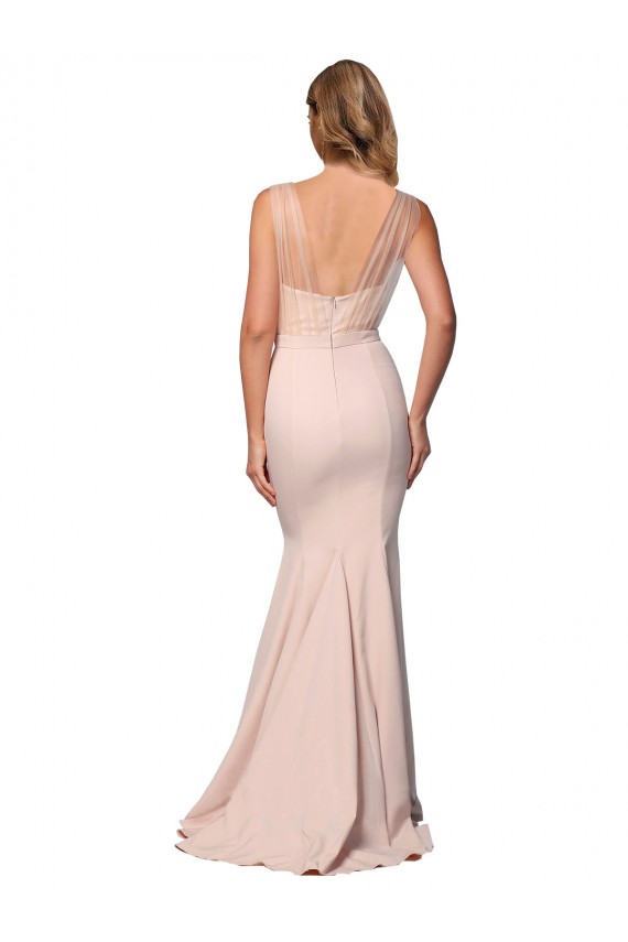 Long Sleeveless Stretch Crepe & Tulle Nude Sheath Formal Evening Dress