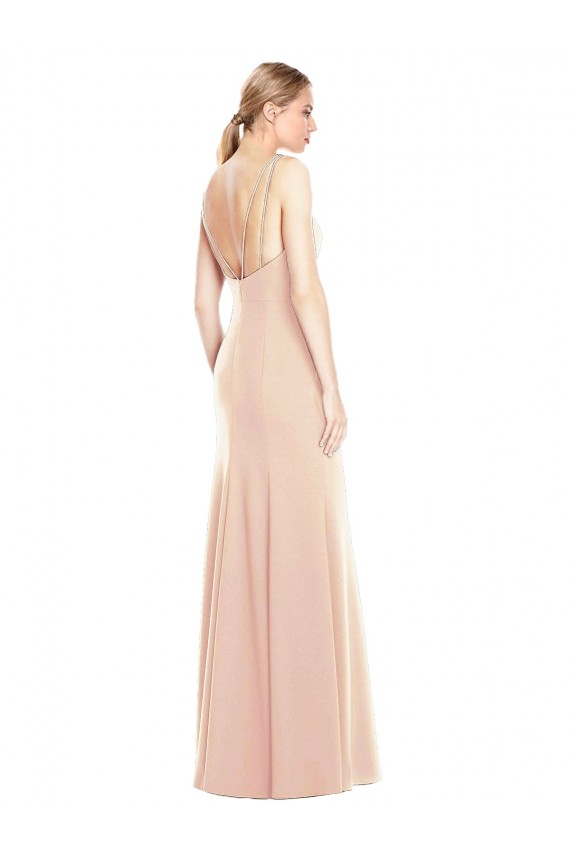 Long Sleeveless Stretch Crepe Nude Bateau Neck Trumpet Semi Formal Evening Dress