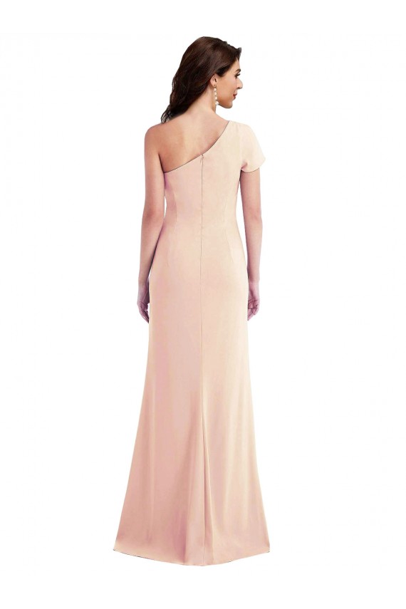 Long Cap Sleeves Stretch Crepe Nude Trumpet Formal Evening Dress