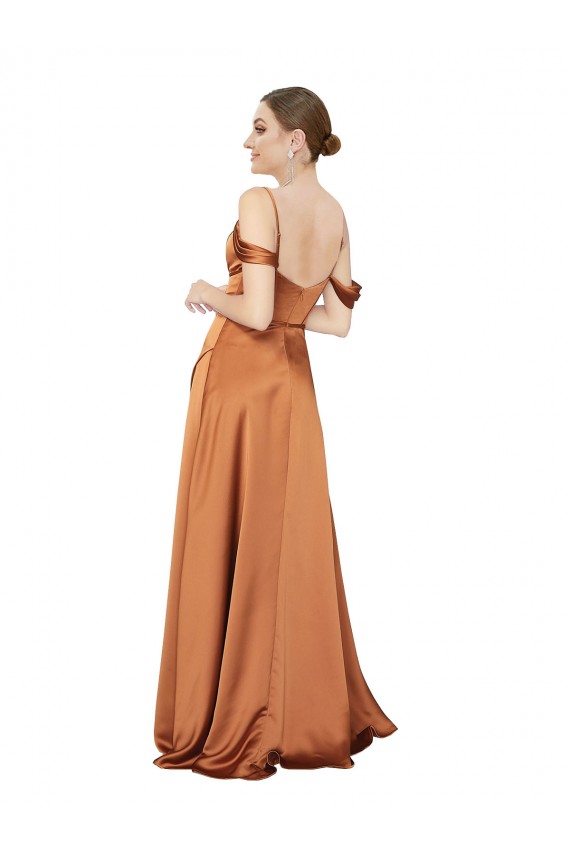 Long Cold Shoulder Silky Satin Orange A-Line Formal Evening Dress