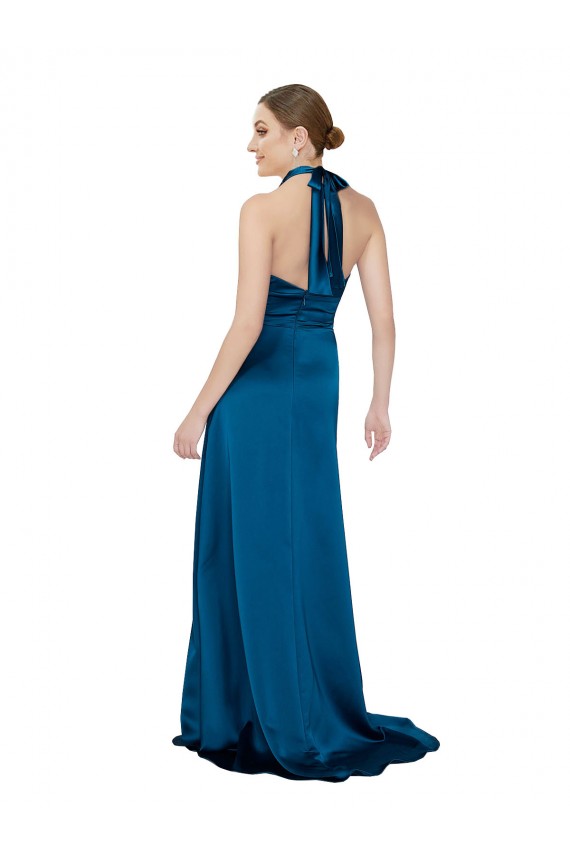 Long Sleeveless Silky Satin Peacock Blue A-Line Formal Evening Dress