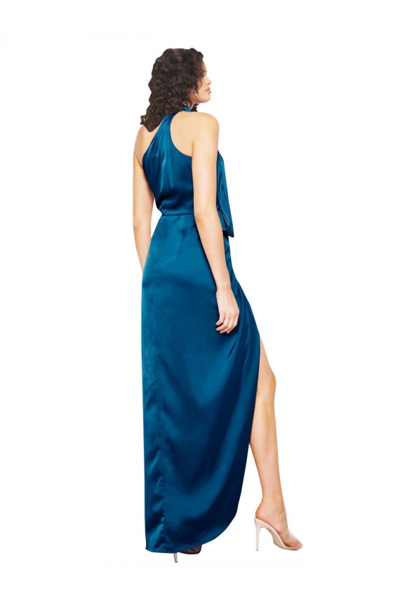 Long Sleeveless Silky Satin Peacock Blue Sheath Formal Evening Dress