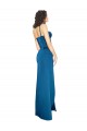 Long Sleeveless Silky Satin Peacock Blue Spaghetti Straps Sheath Formal Evening Dress