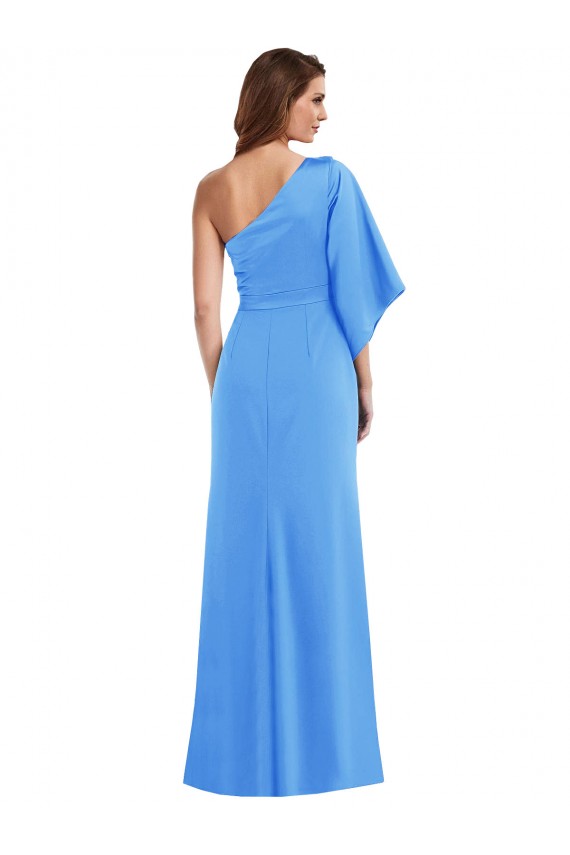Long Bell Sleeves Stretch Crepe Peacock Blue Trumpet Semi Formal Evening Dress