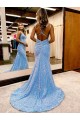 Sweep Train Sleeveless Velvet Sequin Periwinkle Sheath Evening Dress