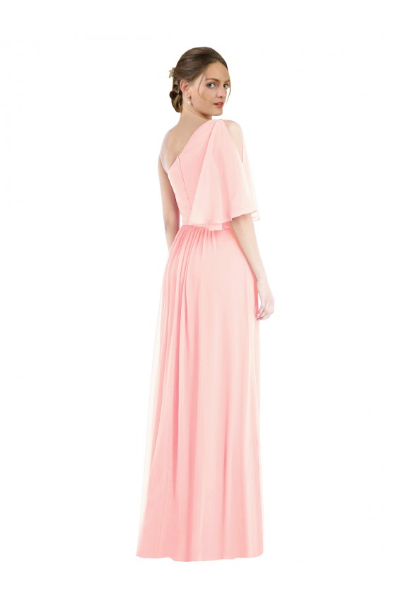 Long Bell Sleeves Soft Chiffon Pink A-Line Semi Formal Evening Dress