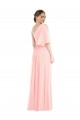 Long Bell Sleeves Soft Chiffon Pink A-Line Semi Formal Evening Dress
