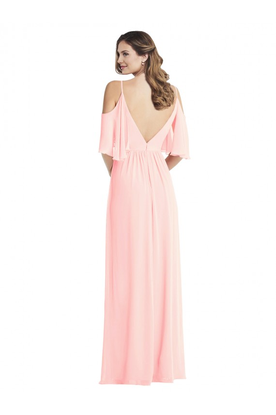 Long Cold Shoulder Soft Chiffon Pink A-Line Semi Formal Evening Dress