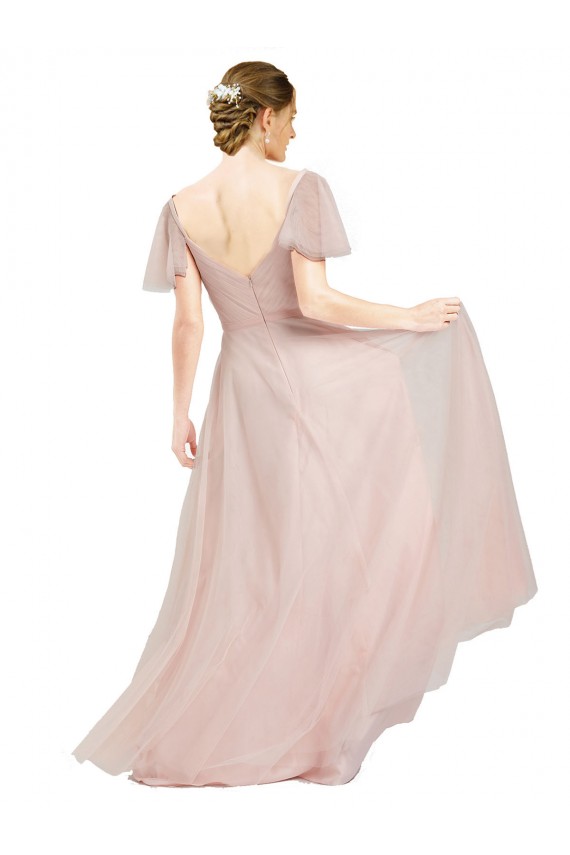Long Flutter Sleeves Tulle Pink A-Line Formal Dress