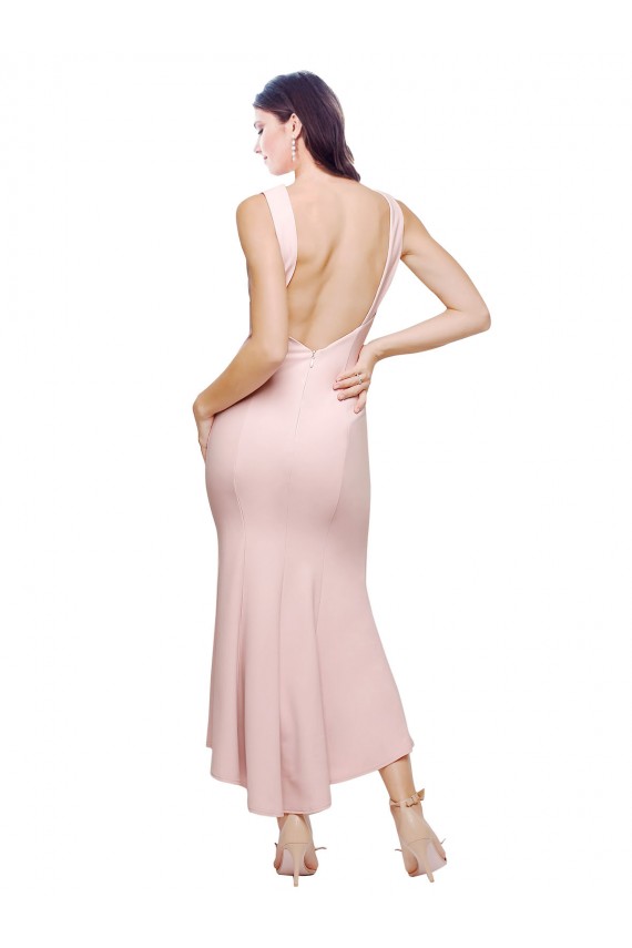 Midi Length Sleeveless Stretch Crepe Pink Sheath High Low Evening Dress