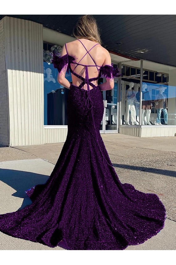 Court Train Sleeveless Velvet Sequin Plum Purple Sheath Evening Dress