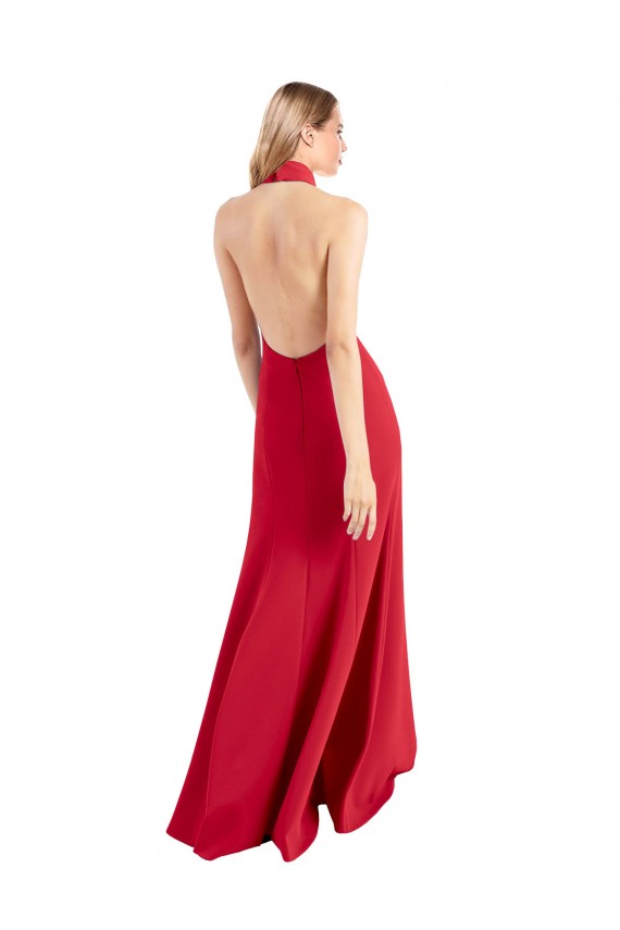Long Sleeveless Stretch Crepe Red Halter Neck A-Line Formal Evening Dress