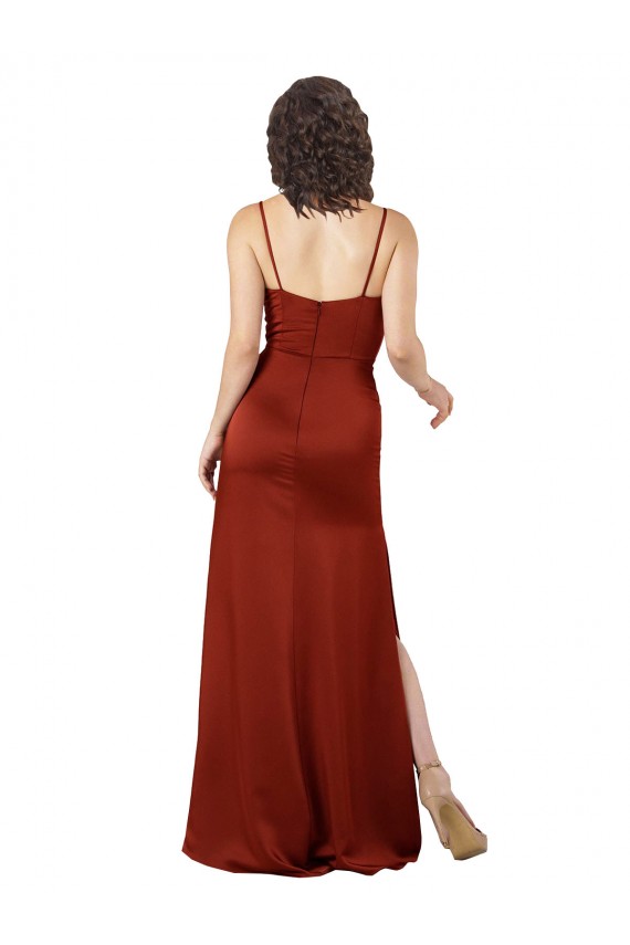 Long Sleeveless Silky Satin Red Spaghetti Straps A-Line Formal Evening Dress