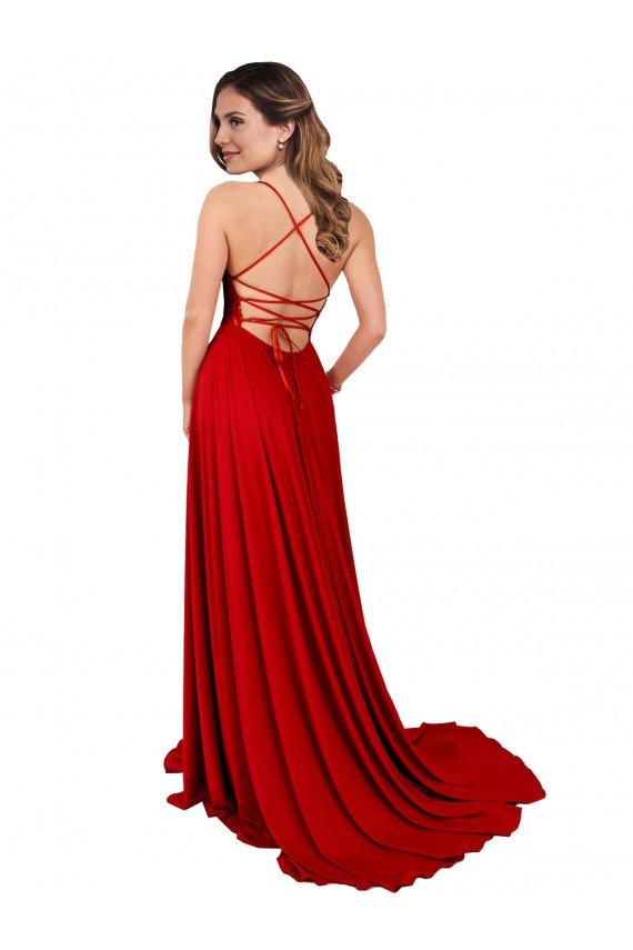 Long Sleeveless Spandex & Lace Red A-Line Semi Formal Evening Dress