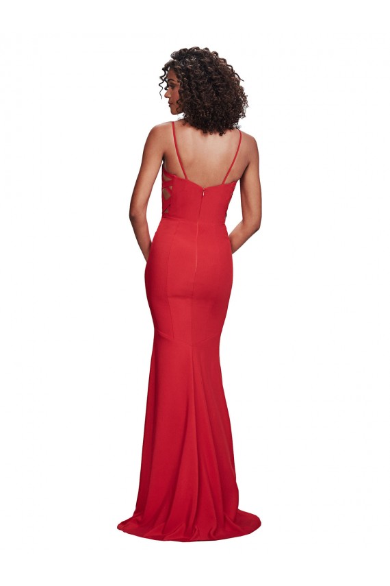 Long Sleeveless Stretch Crepe Red Spaghetti Straps Mermaid Evening Dress