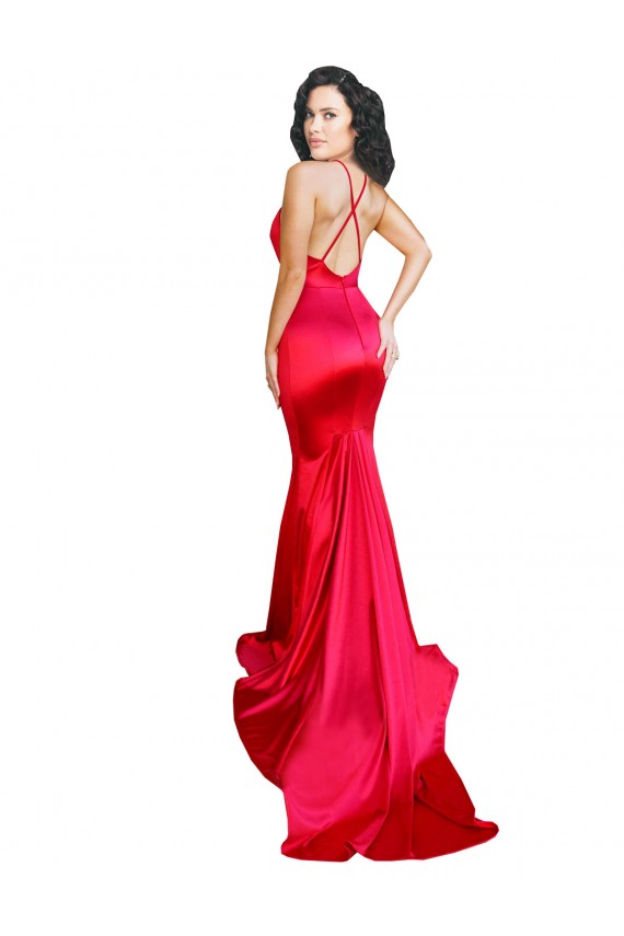 Long Sleeveless Stretch Satin Red Mermaid Formal Evening Dress