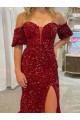 Court Train Short Sleeves Velvet Sequin Red Sheath Evening Dress