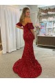 Court Train Short Sleeves Velvet Sequin Red Sheath Evening Dress