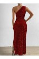 Long Sleeveless Velvet Sequin Red Sheath Evening Dress