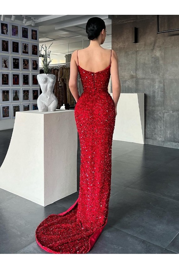 Sweep Train Sleeveless Velvet Sequin Red Sheath Evening Dress