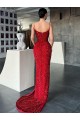 Sweep Train Sleeveless Velvet Sequin Red Sheath Evening Dress