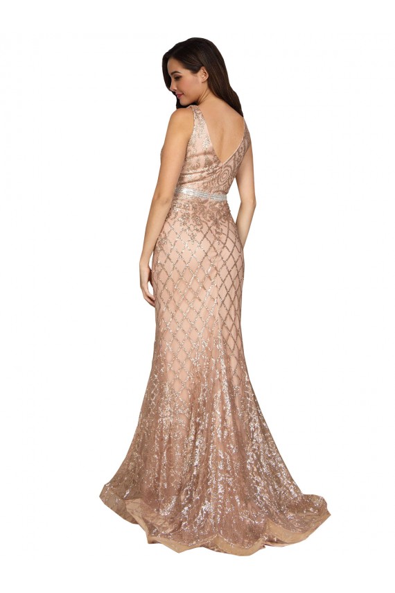 Long Sleeveless Sparkling Sequin Rose Gold Mermaid Plus Size Formal Evening Dress