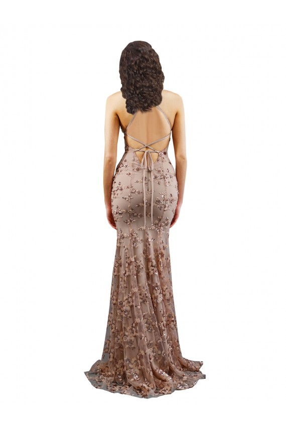 Long Sleeveless Stretch Crepe & Sequin Tulle Rose Gold Mermaid Formal Evening Dress