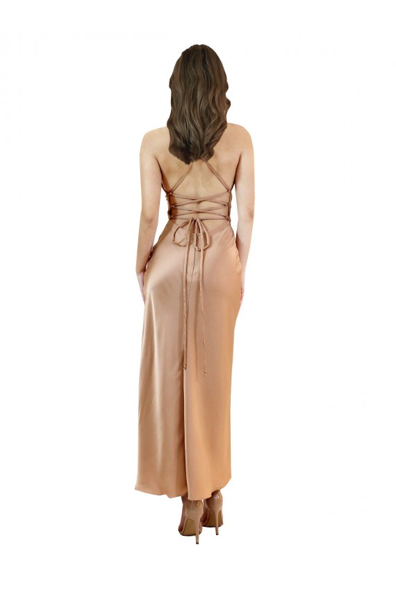 Midi Length Sleeveless Silky Satin Rose Gold Sheath Formal Evening Dress
