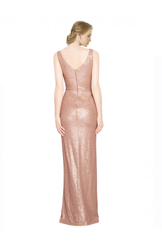 Long Sleeveless Sequin Rose Gold Sheath Evening Dress