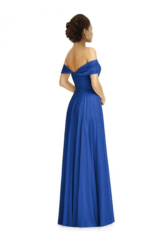 Long Cap Sleeves Soft Chiffon Royal Blue A-Line Semi Formal Evening Dress