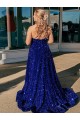 Sweep Train Sleeveless Velvet Sequin Royal Blue A-Line Evening Dress