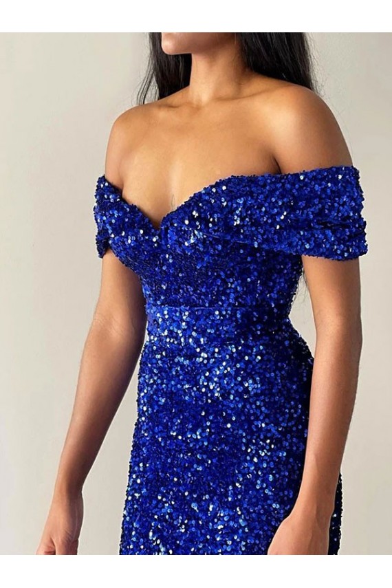 Sweep Train Sleeveless Velvet Sequin Royal Blue Mermaid Evening Dresses