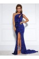 Court Train Sleeveless Velvet Sequin Royal Blue Mermaid Evening Dress