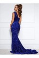Court Train Sleeveless Velvet Sequin Royal Blue Mermaid Evening Dress