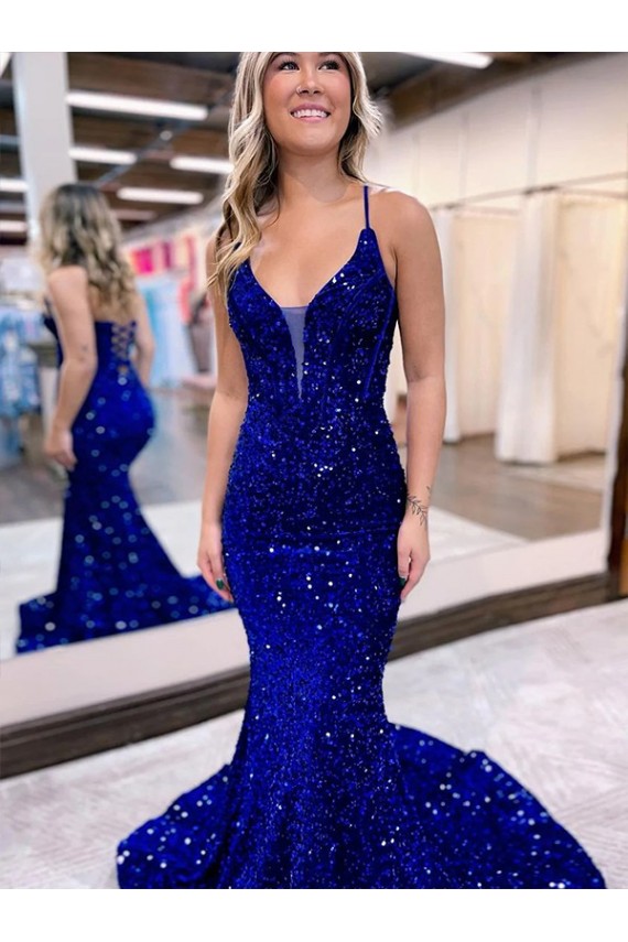 Court Train Sleeveless Velvet Sequin Royal Blue Mermaid Evening Gown