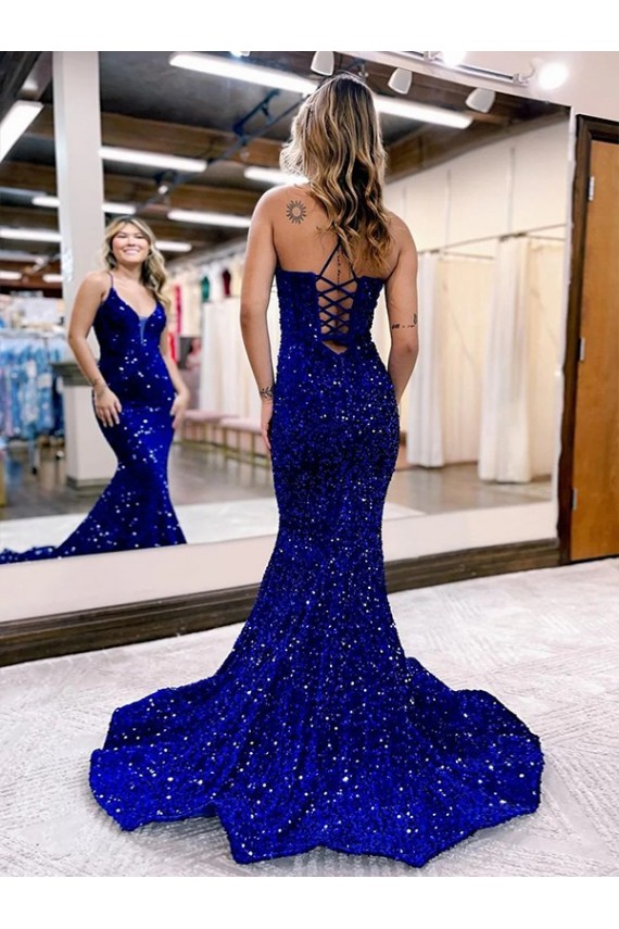 Court Train Sleeveless Velvet Sequin Royal Blue Mermaid Evening Gown