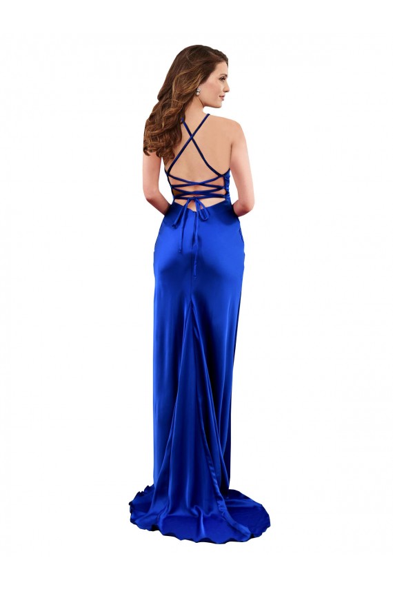 Long Sleeveless Silky Satin Royal Blue Sheath Formal Evening Dress