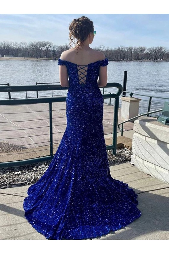 Sweep Train Sleeveless Velvet Sequin Royal Blue Sheath Evening Gown