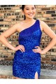 Short Sleeveless Velvet Sequin Royal Blue Sheath Homecoming Dresses