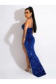 Sweep Train Sleeveless Velvet Sequin Royal Blue Spaghetti Straps Sheath Evening Dress
