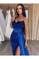 Sweep Train Sleeveless Velvet Sequin Royal Blue Sheath Evening Dresses