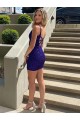 Short Sleeveless Velvet Sequin Royal Blue V-Neck Evening Dress